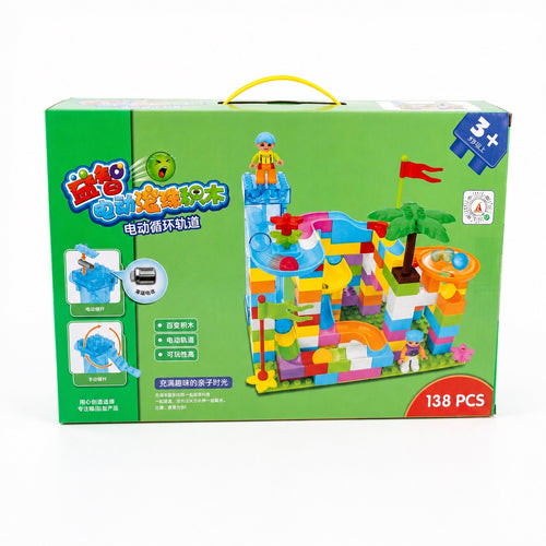 138-piece motorized marble run building blocks set in retail box for ages 3 and above