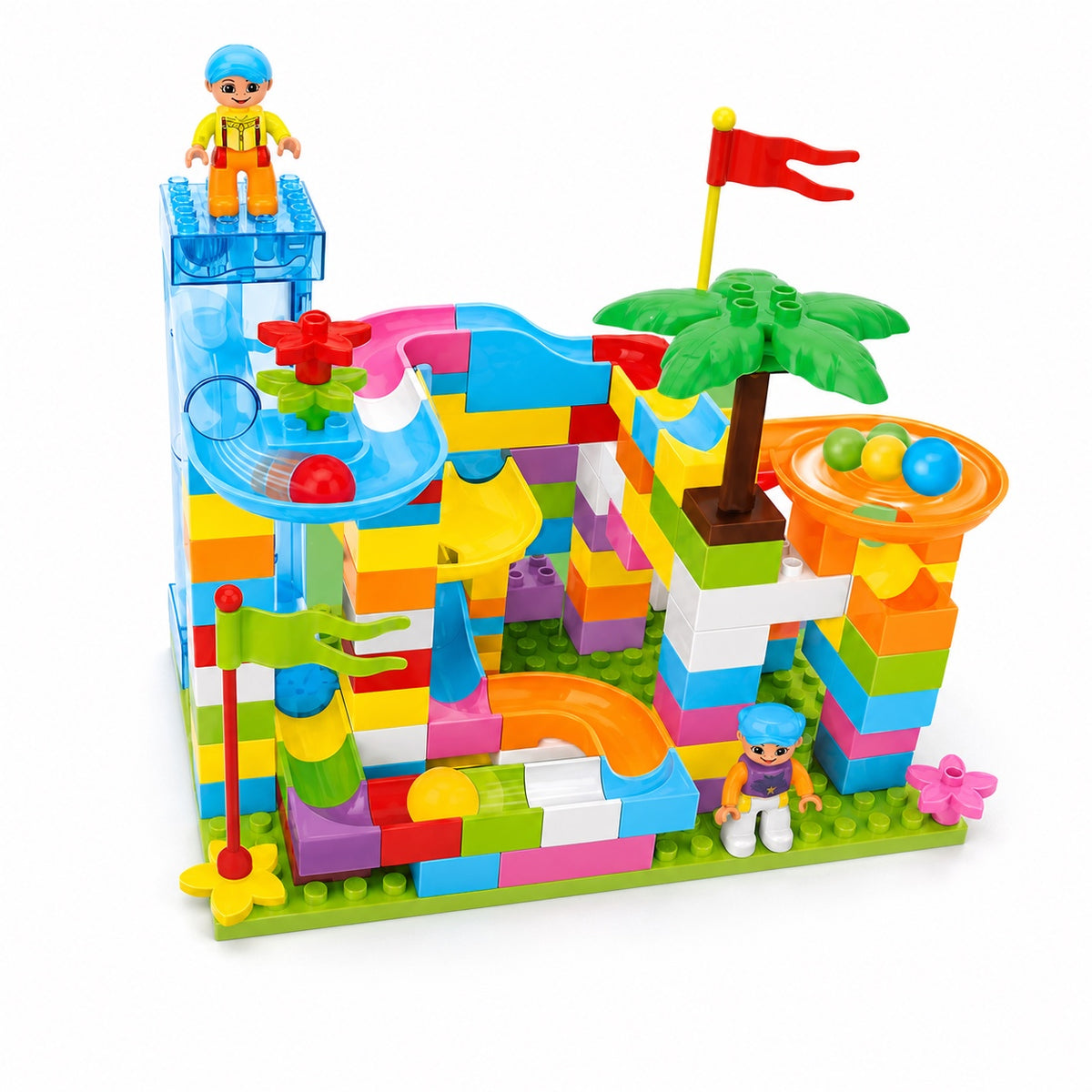 Colorful 138-piece motorized marble run building blocks set with tracks balls and two figures