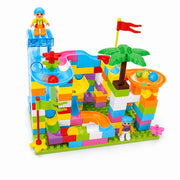 Colorful 138-piece motorized marble run building blocks set with tracks balls and two figures