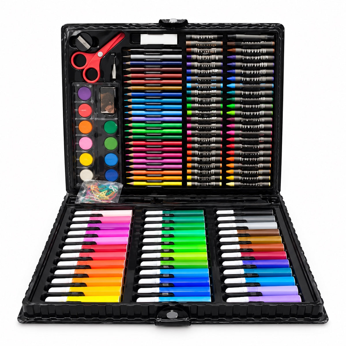 Open 150-piece art set showing supplies