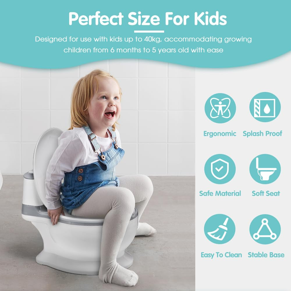 Kids Training Potty Toilet with Flush Sound & Lid – White/Grey