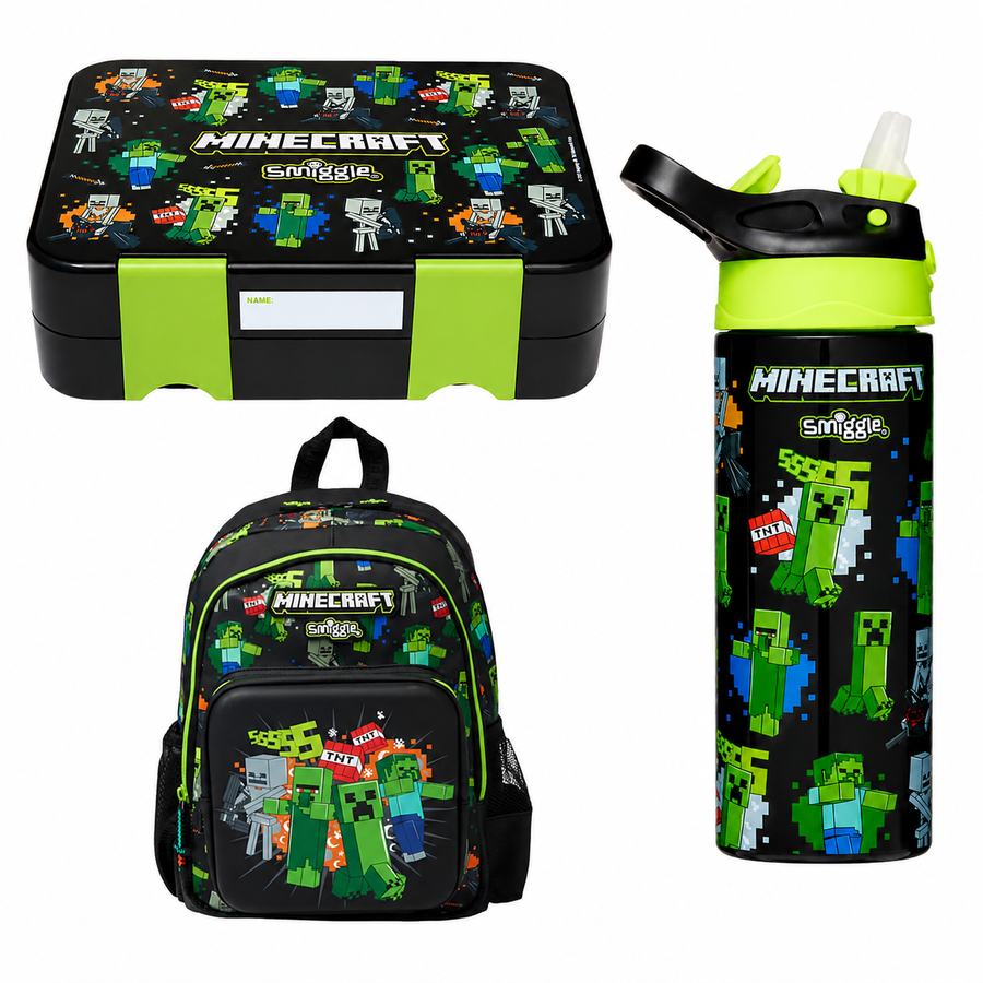 Original Smiggle Minecraft School Set – Backpack Size 15 + Lunch Box + 650ml Bottle