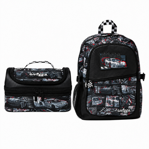 Original Smiggle Car Racing School Set – Backpack Size 18 + Double Decker Lunch Bag