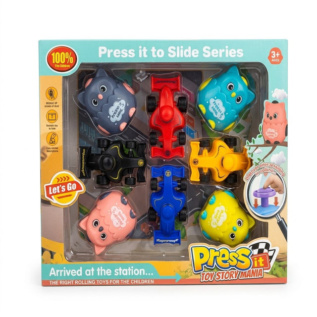 Press & Slide Animal Vehicle Play Set – 8 Pieces