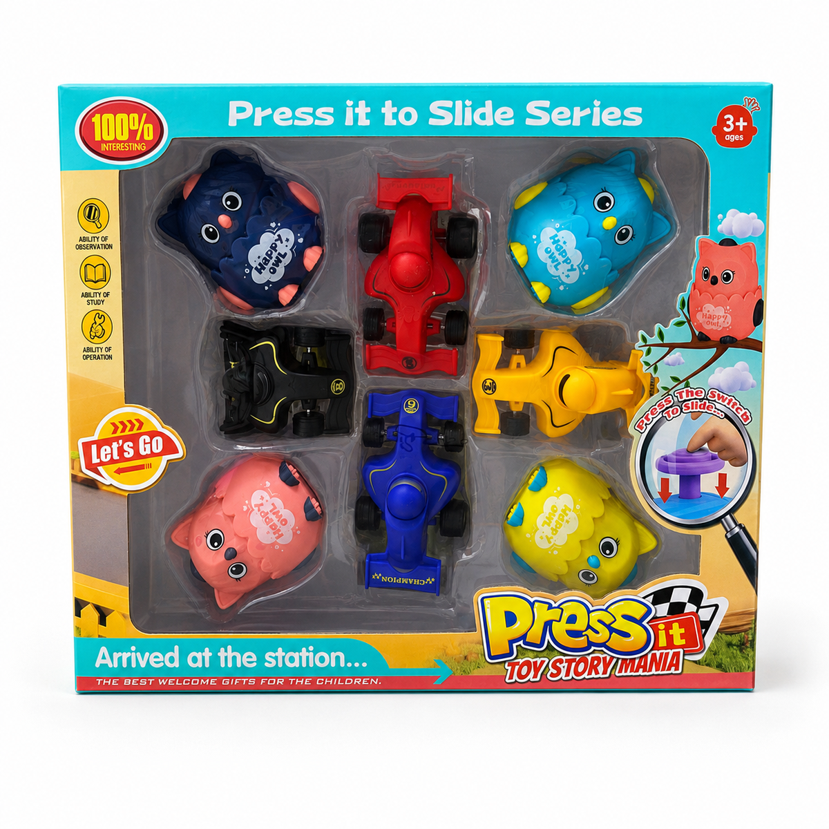 Press it to Slide Series - Owl Race Car Set (8 Pieces)