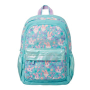 A turquoise backpack featuring a pastel bunny pattern with pink, purple, and blue rabbits, a shiny iridescent front pocket, and a matching top handle, shown against a plain white background.