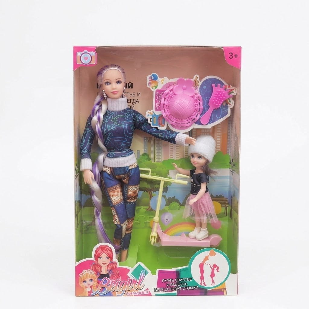 Fashion Doll & Baby Scooter Playset with Hair Accessories