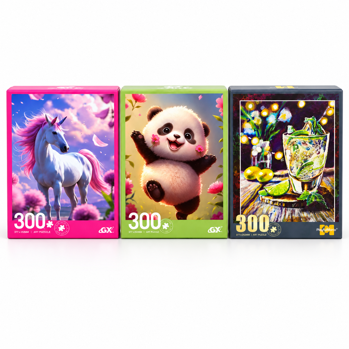 Triple Puzzle Party – Unicorn, Panda & Lime | 3 × 300 Pieces