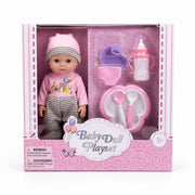 Baby doll care and feeding playset with accessories in pink retail box