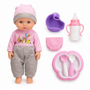 Baby doll in pink outfit with bottle potty diaper plate spoon and fork accessories