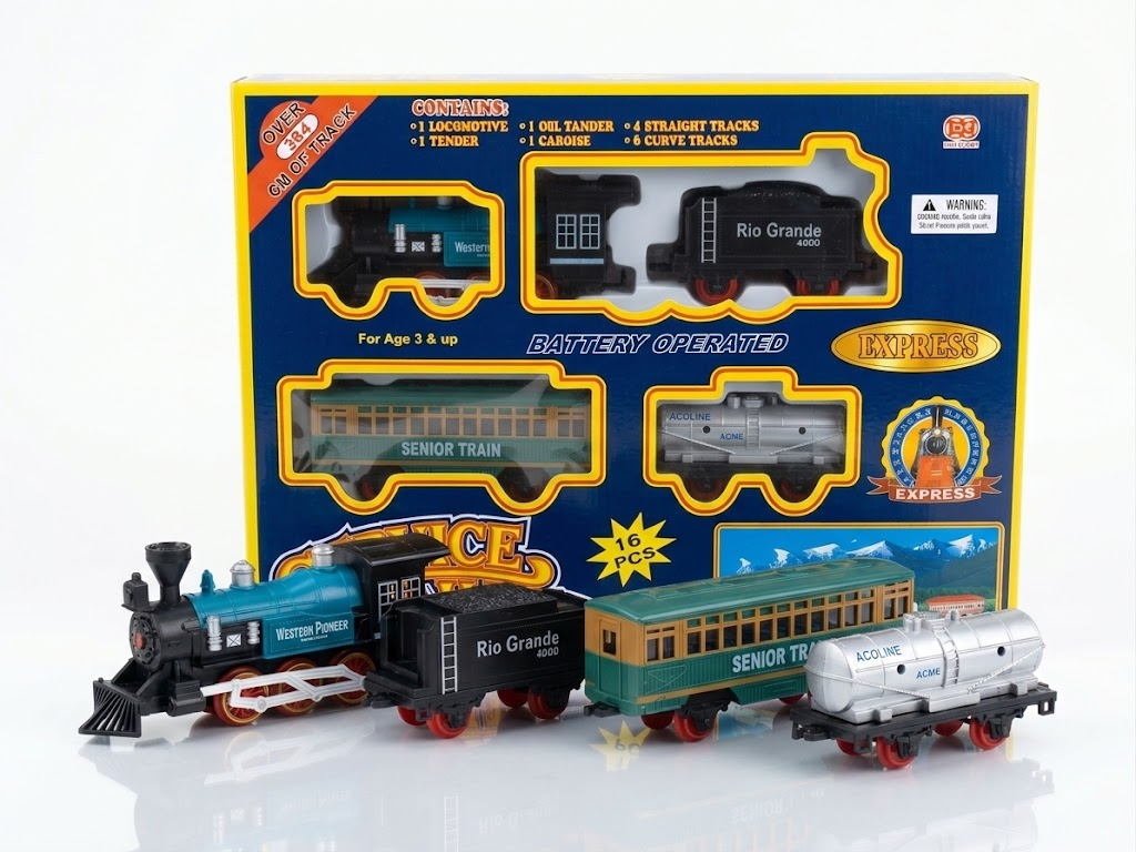 Battery-operated Express toy train with blue locomotive and carriages, 16-piece box