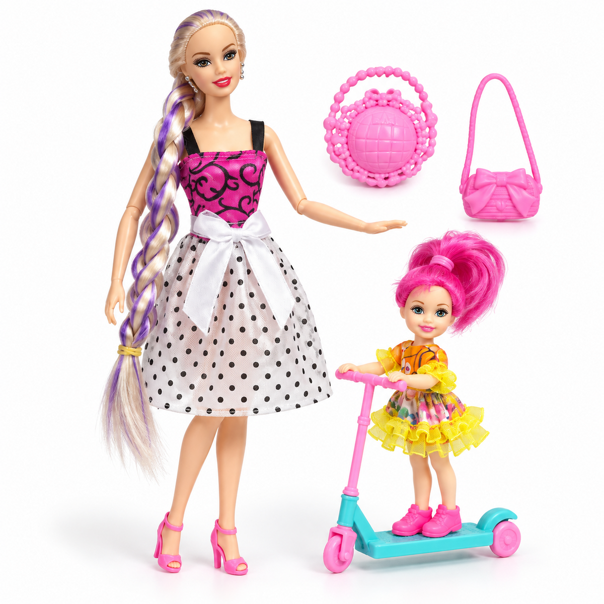 Beigirl Doll Duo with Pink Hair Scooter out of box
