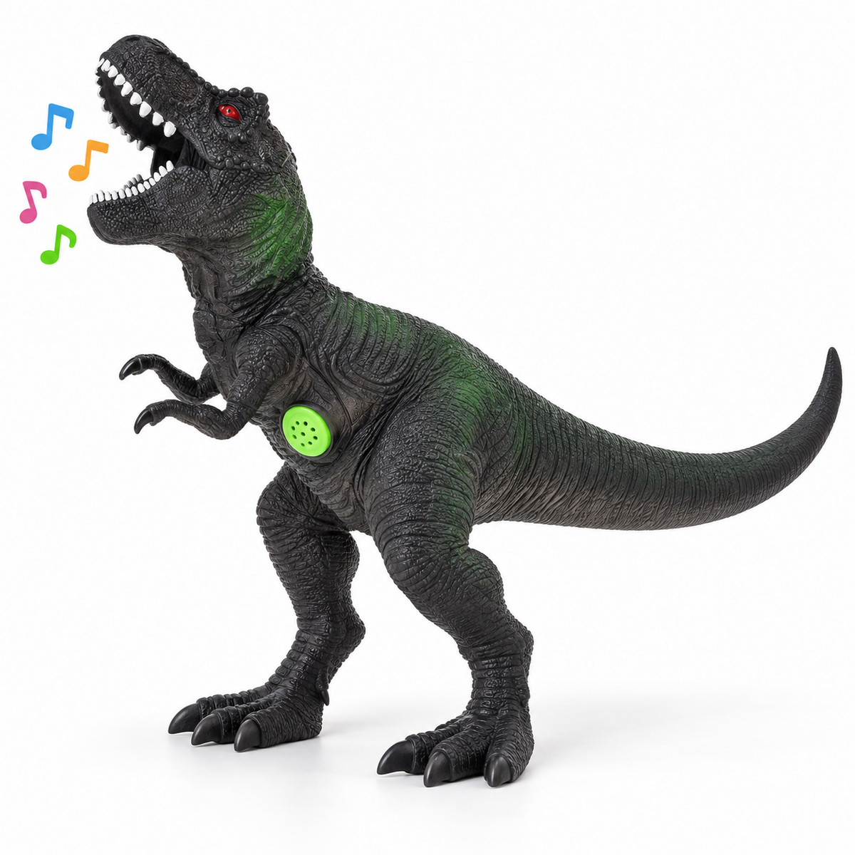 Black T-Rex dinosaur toy with green accents, textured scales and an open mouth.