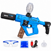 Blue toy blaster with protective goggles, beads and charging cable