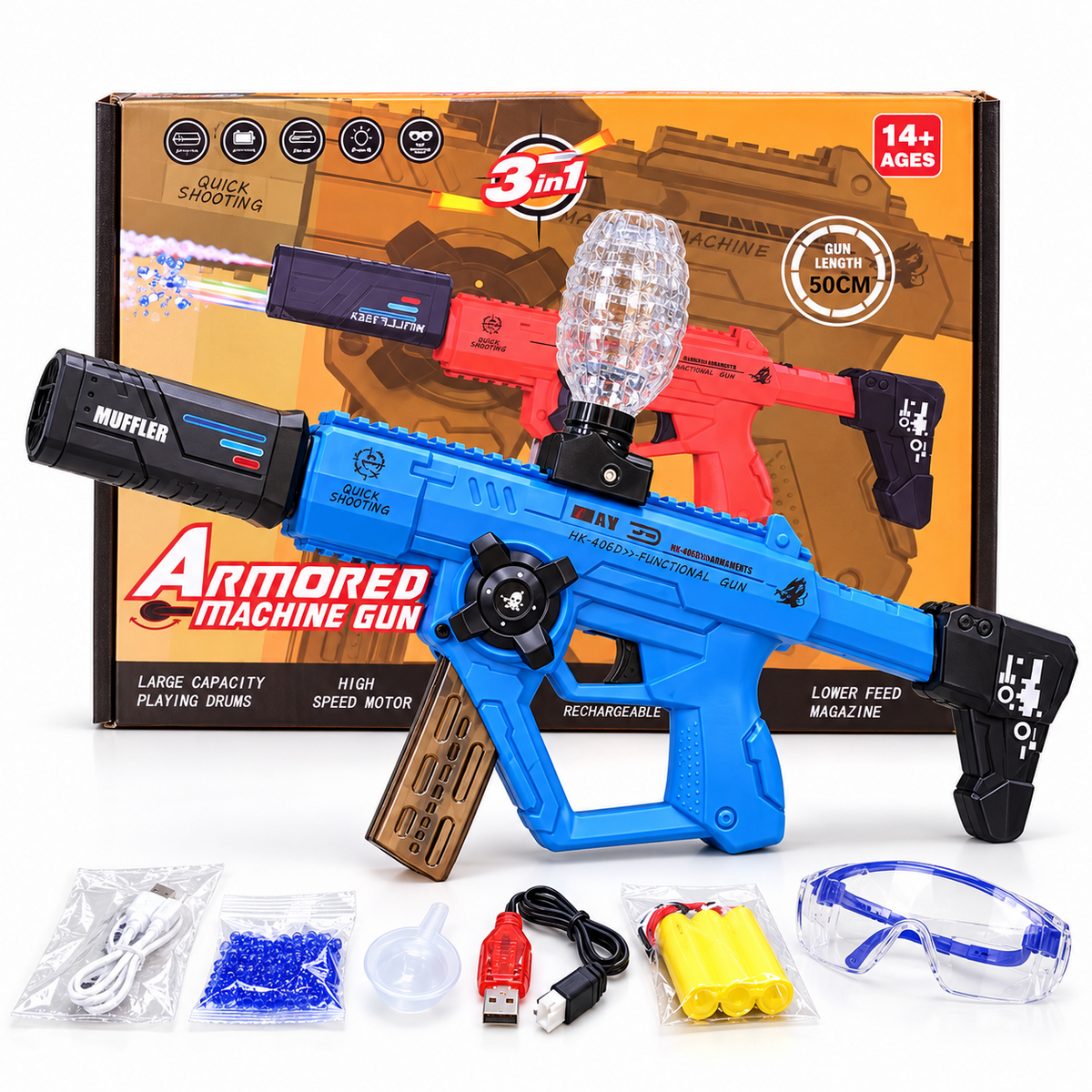 Blue 3 in 1 toy blaster set with box and accessories