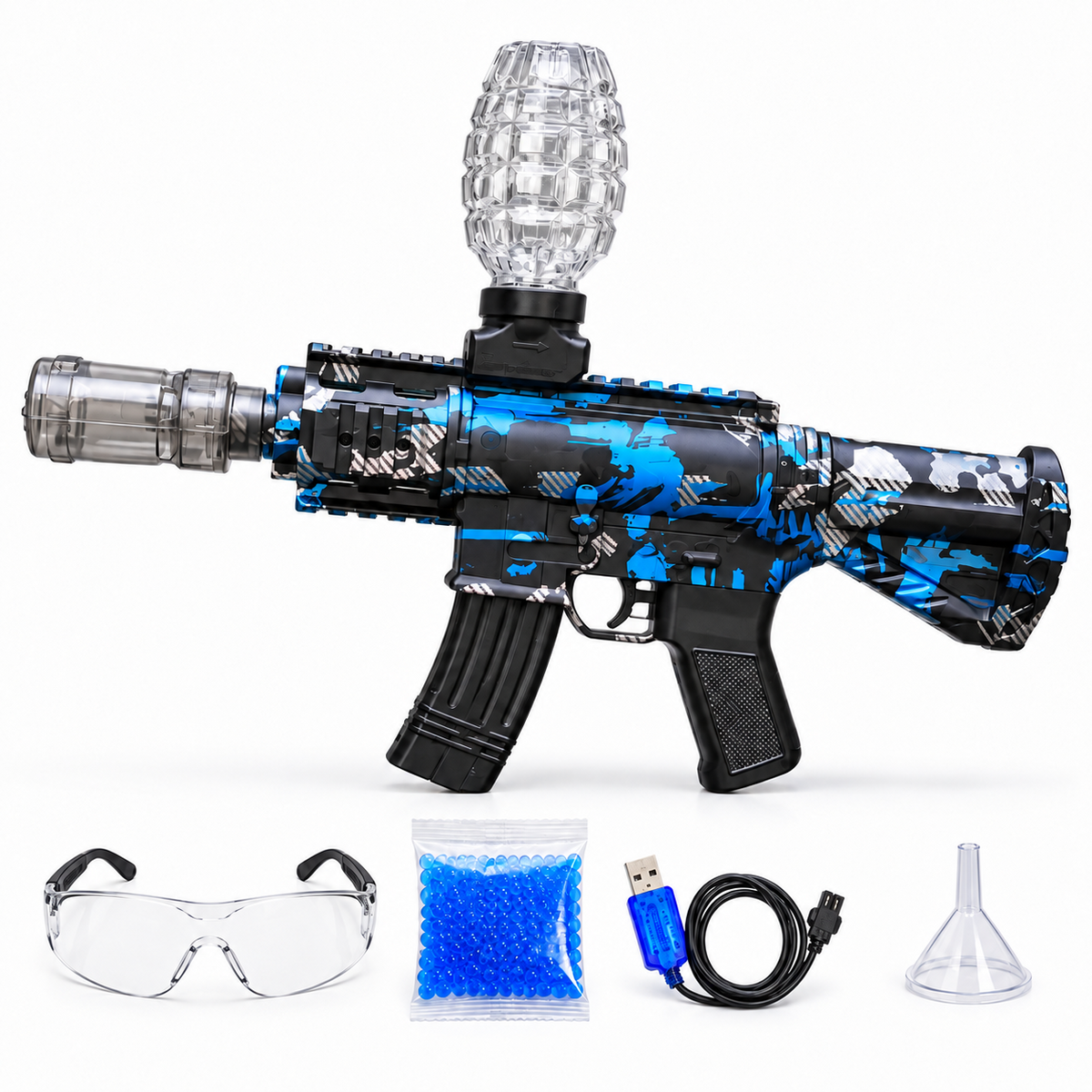 Blue camouflage MP7 toy blaster with protective goggles and gel beads