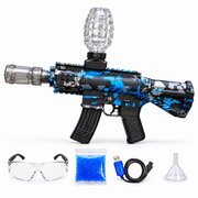 Blue camouflage MP7 toy blaster with protective goggles and gel beads
