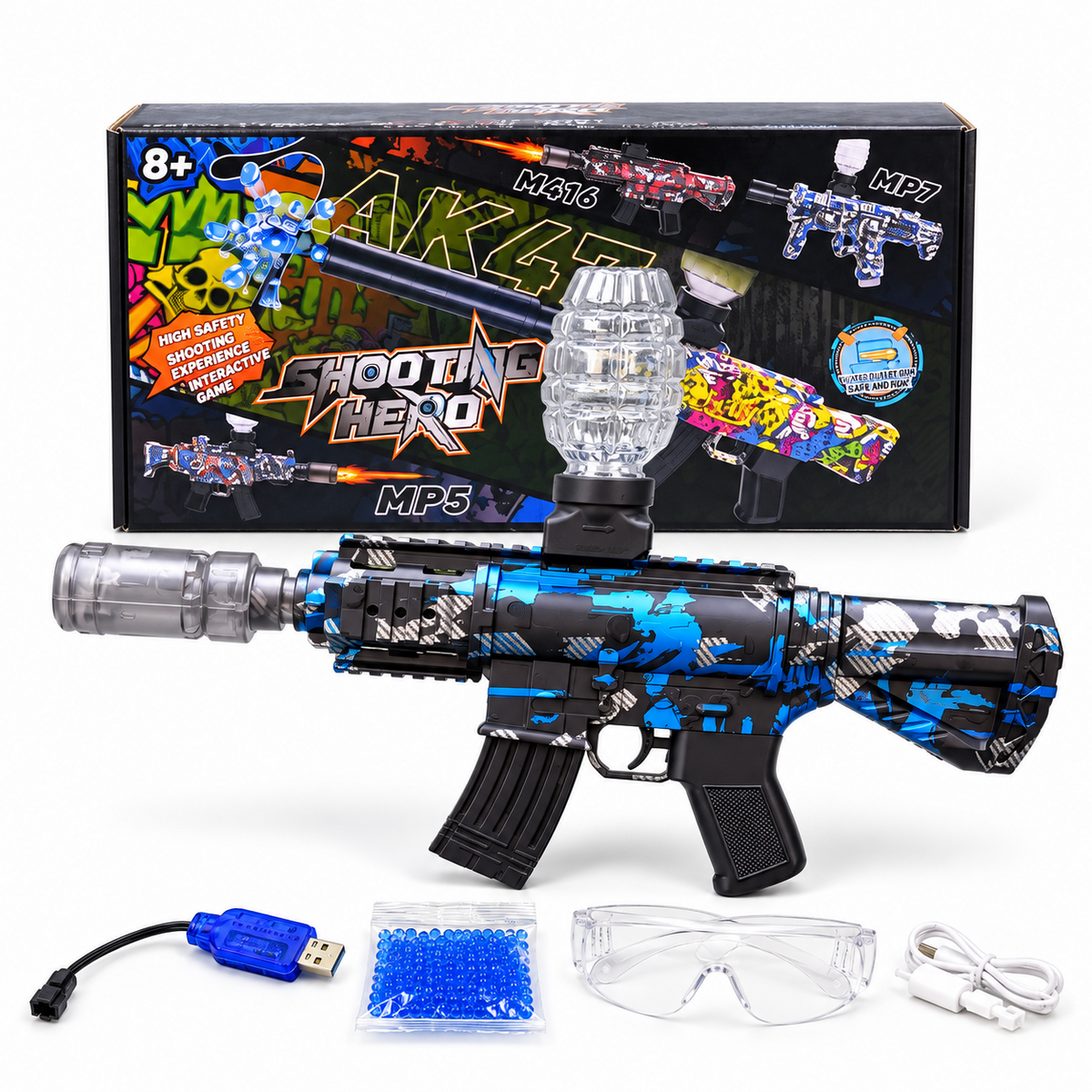Blue camouflage MP7 toy blaster with box and accessories