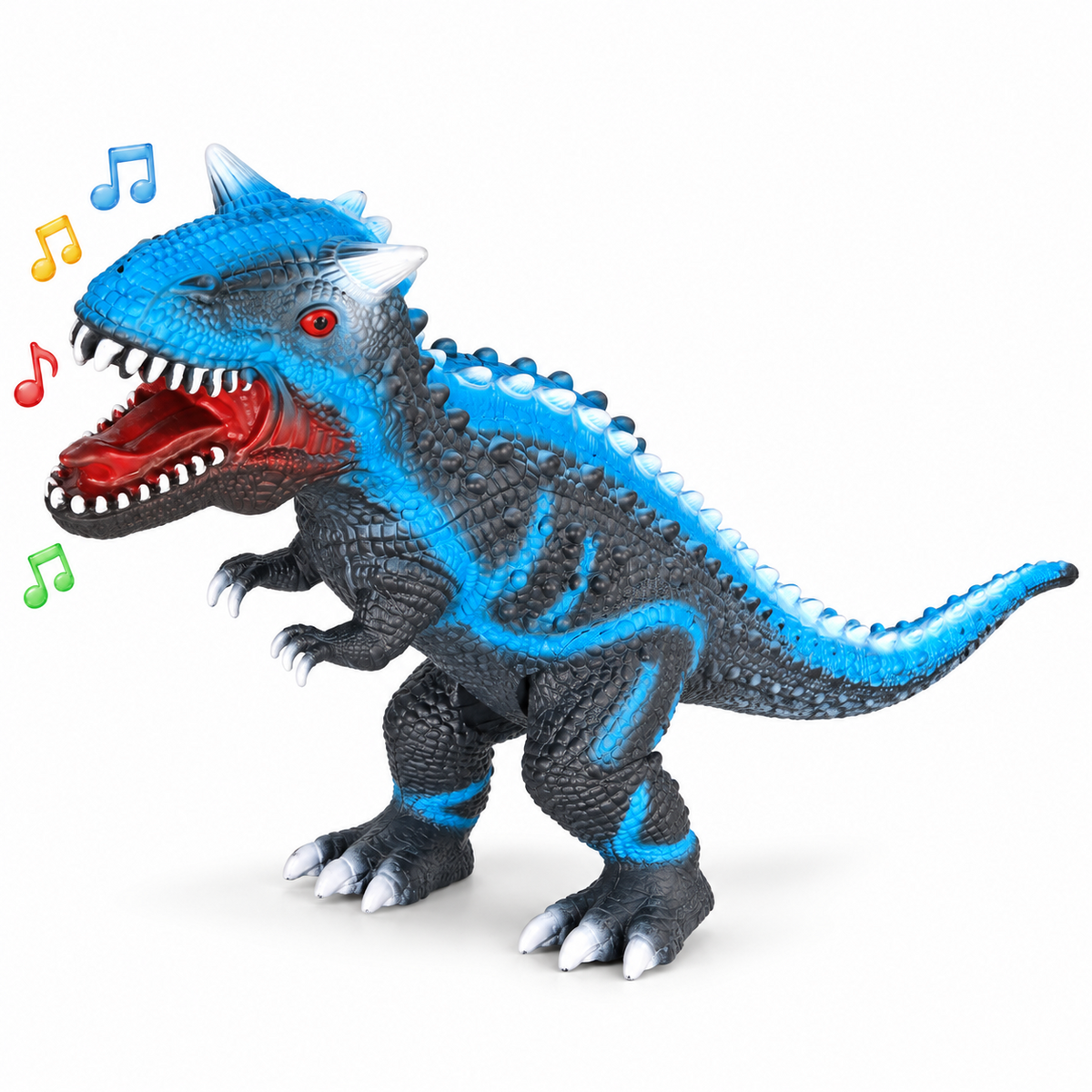 Blue and dark gray horned dinosaur toy with an open mouth, white horns and claws.