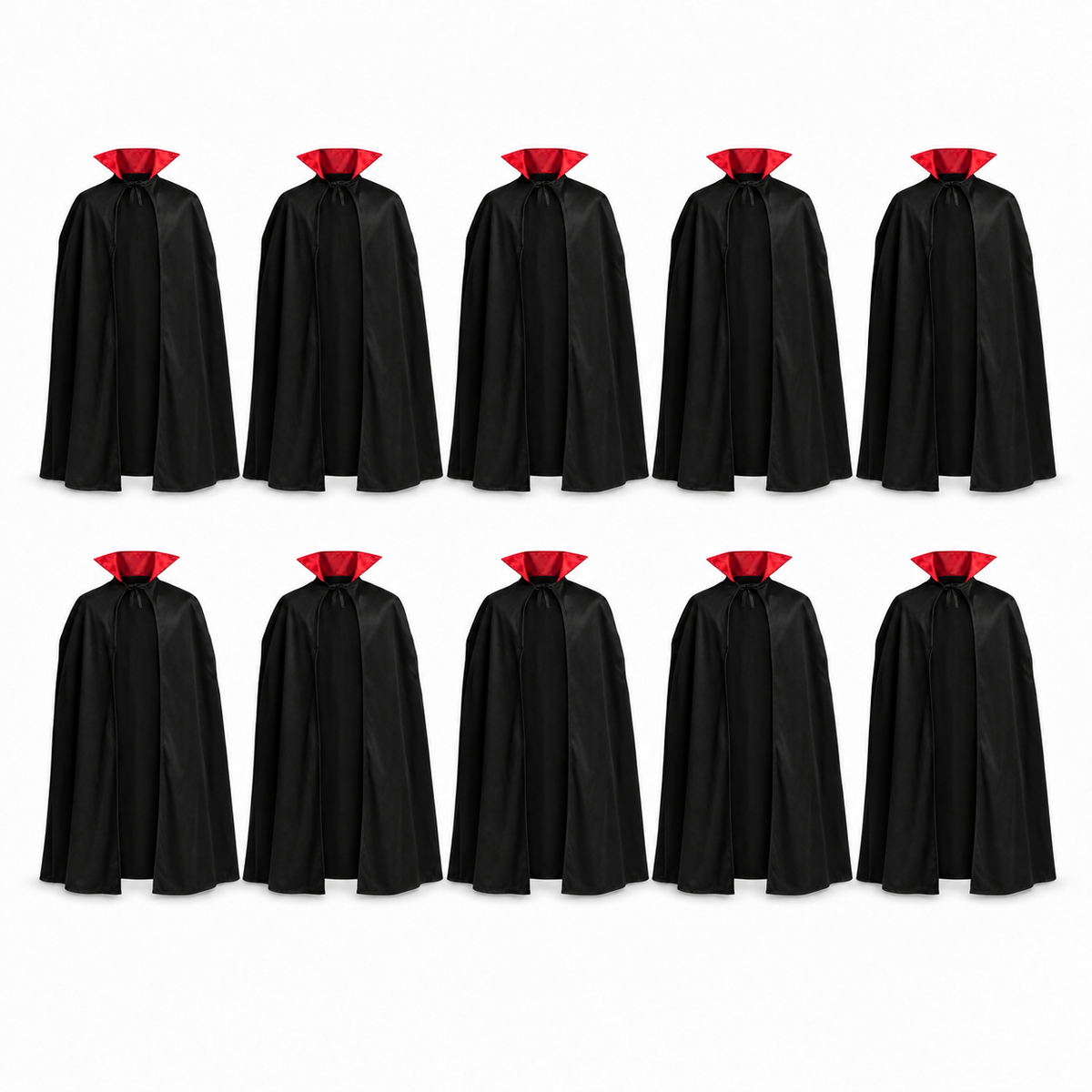 Ten black vampire costume capes with red stand-up collars and neck ties arranged in two rows.