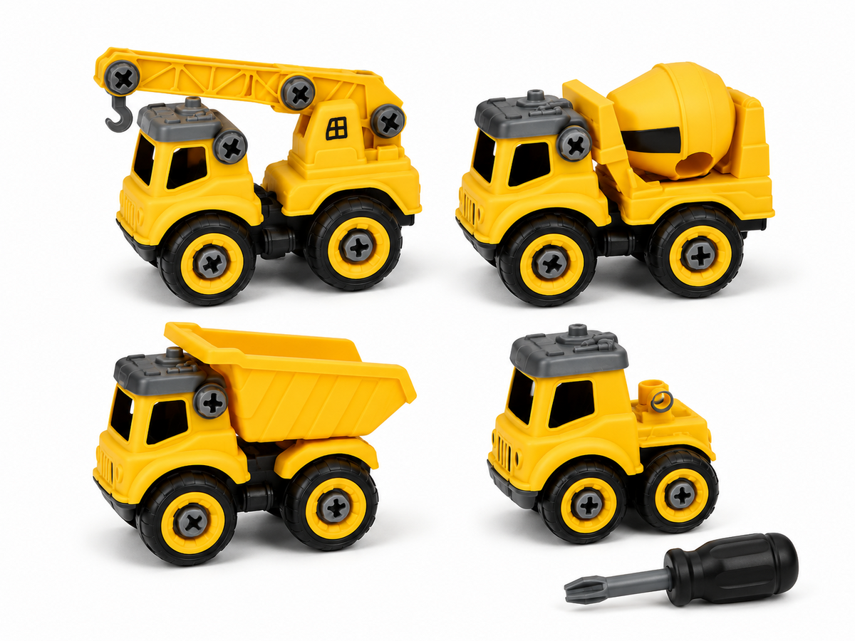 Yellow construction truck toy set with four vehicles and screwdriver