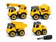 Yellow construction truck toy set with four vehicles and screwdriver