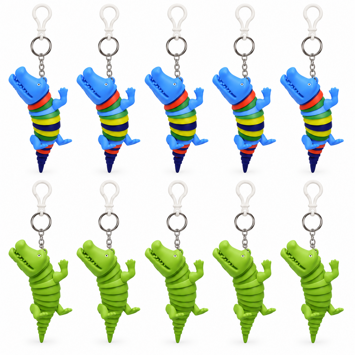Party pack of 10 crocodile keychains with key rings and clips: five blue multicolored crocodiles and five green crocodiles.