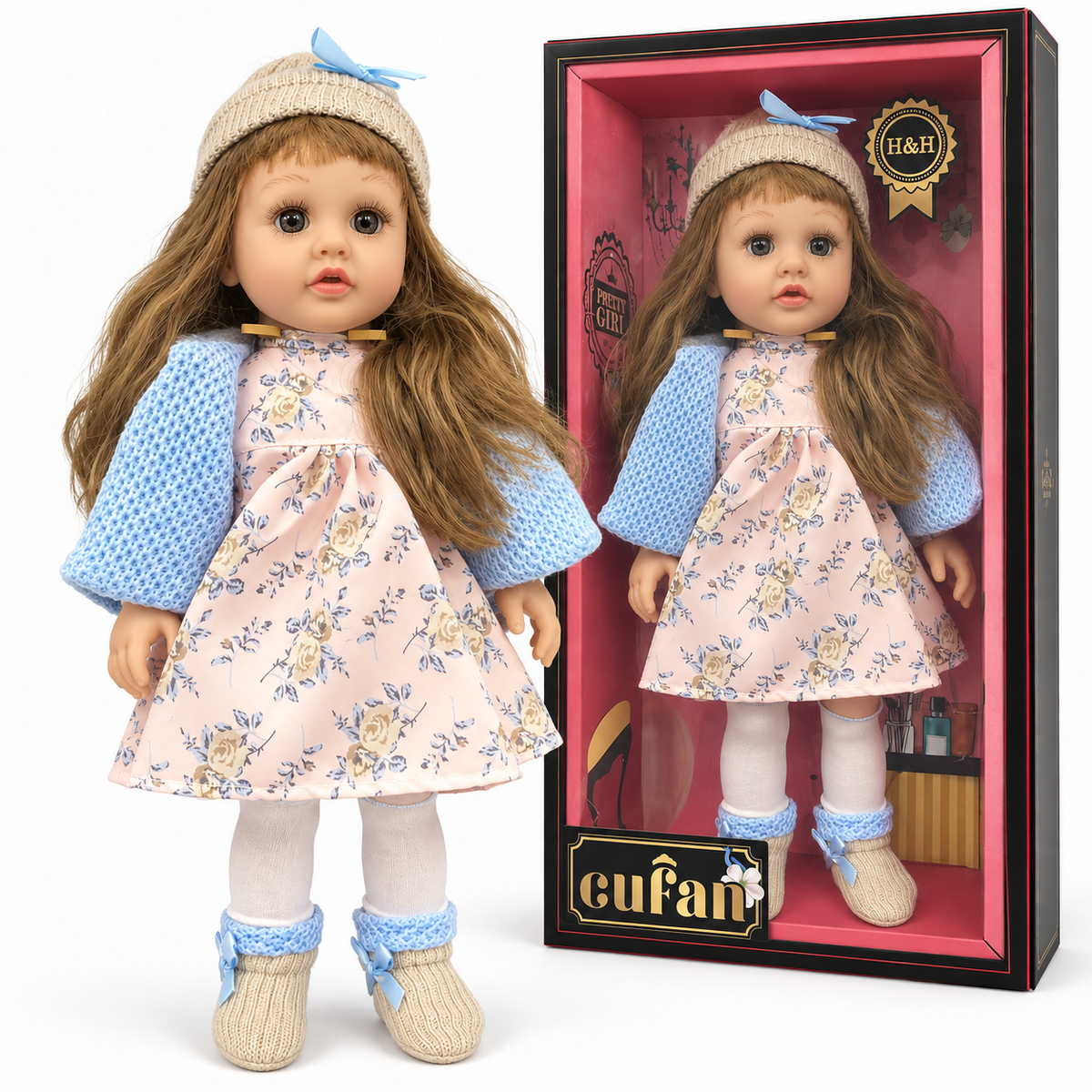 Cufan Floral Dress Doll with Blue Cardigan with packaging