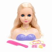 Blonde styling head with comb and hair accessories