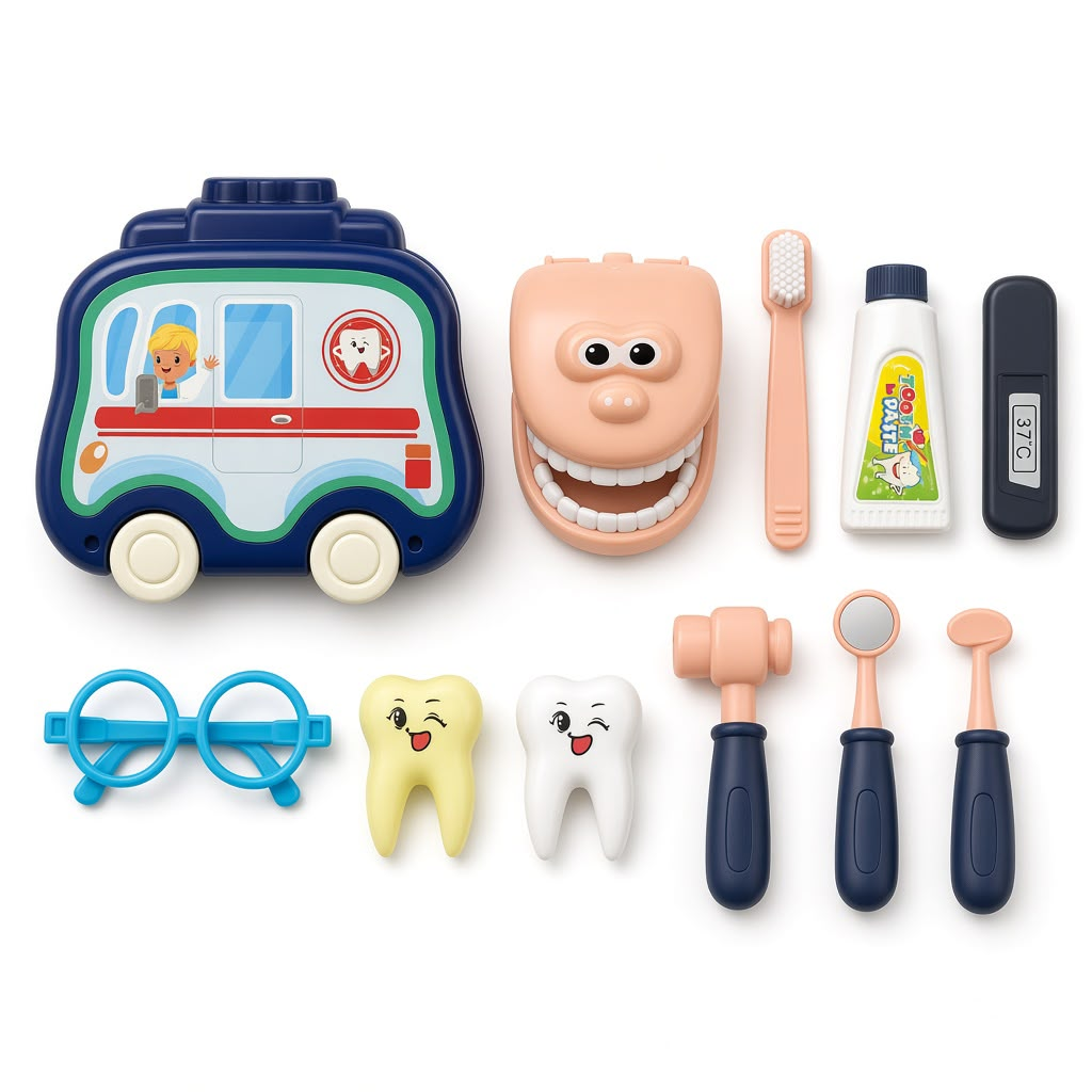 Dental doctor toy set with ambulance-shaped case and dental tools