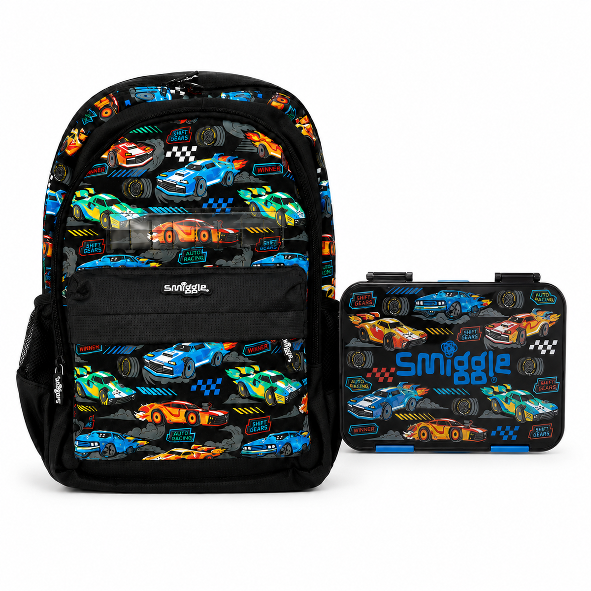 Smiggle Racing Cars 15" Backpack with Matching Lunch Box – Black