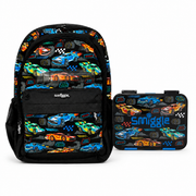 Smiggle Racing Cars 15" Backpack with Matching Lunch Box – Black