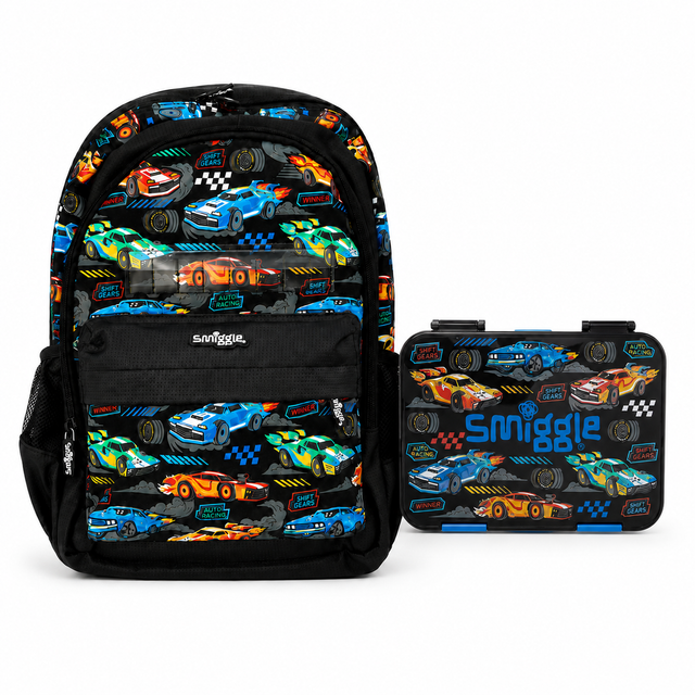 Smiggle Racing Cars 15" Backpack with Matching Lunch Box – Black