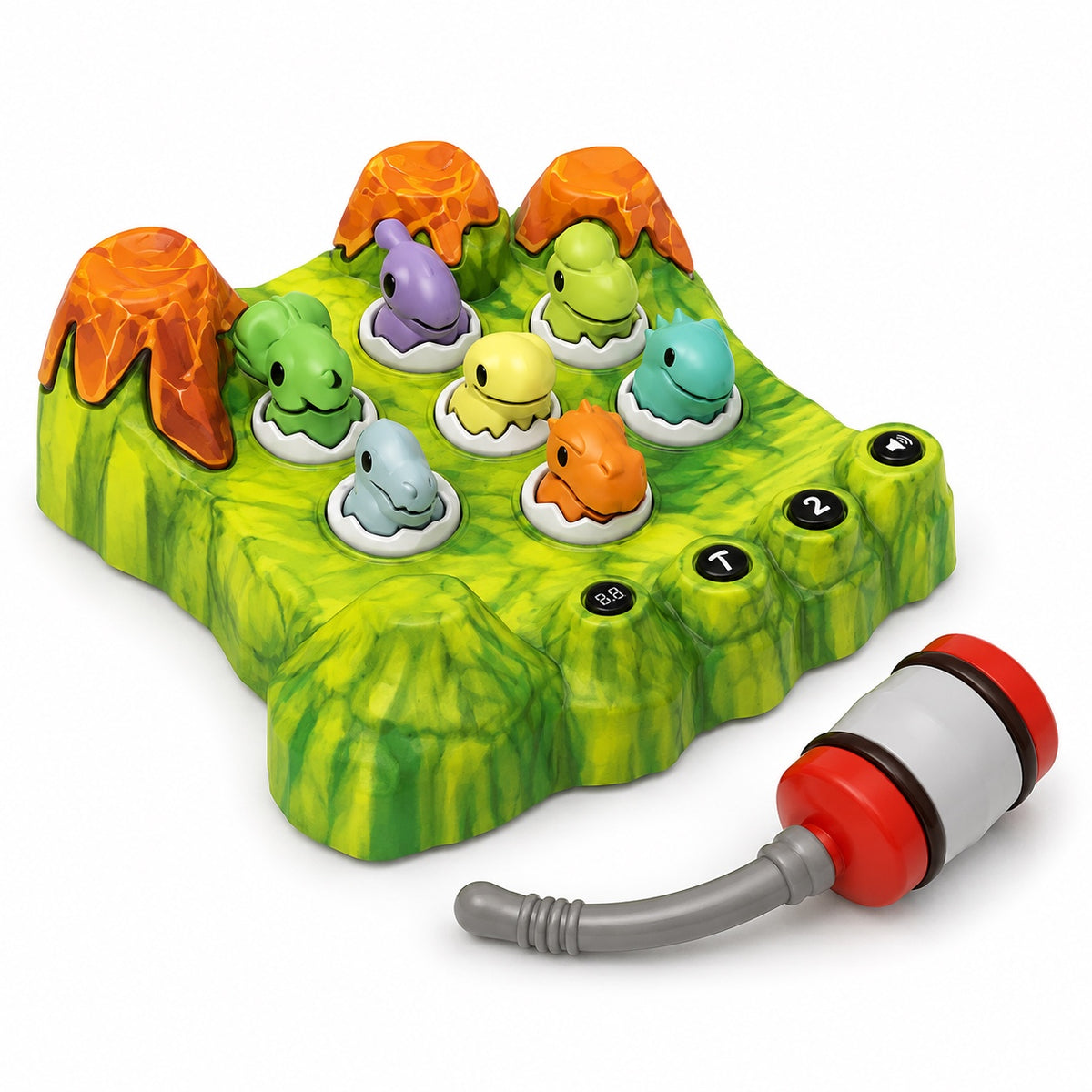Electronic whack-a-dinosaur game with colorful dinosaur targets hammer and LED score display