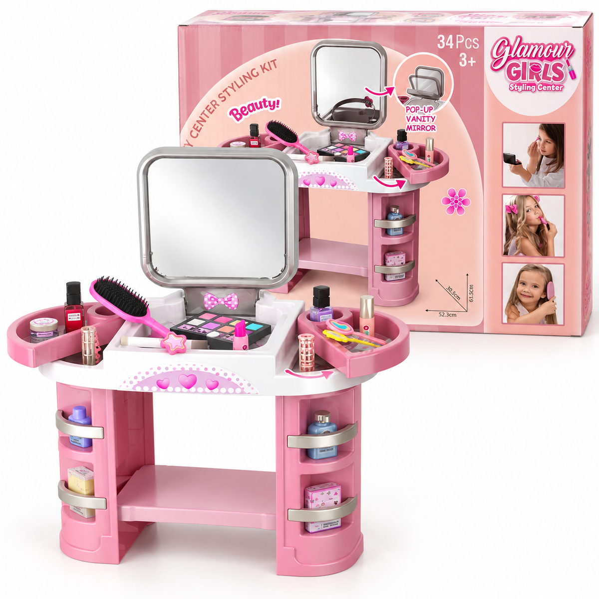 Pink Kids Vanity Table with Mirror and Pretend Makeup