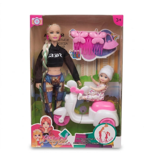 Fashion Doll & Baby Scooter Playset with Hair Accessories
