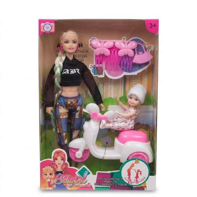 Fashion Doll & Baby Scooter Playset with Hair Accessories