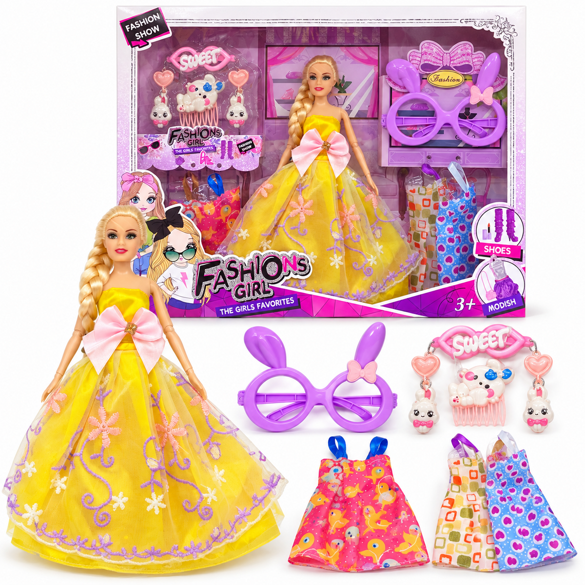 FashionS Girl Yellow Gown Doll Gift Set with packaging