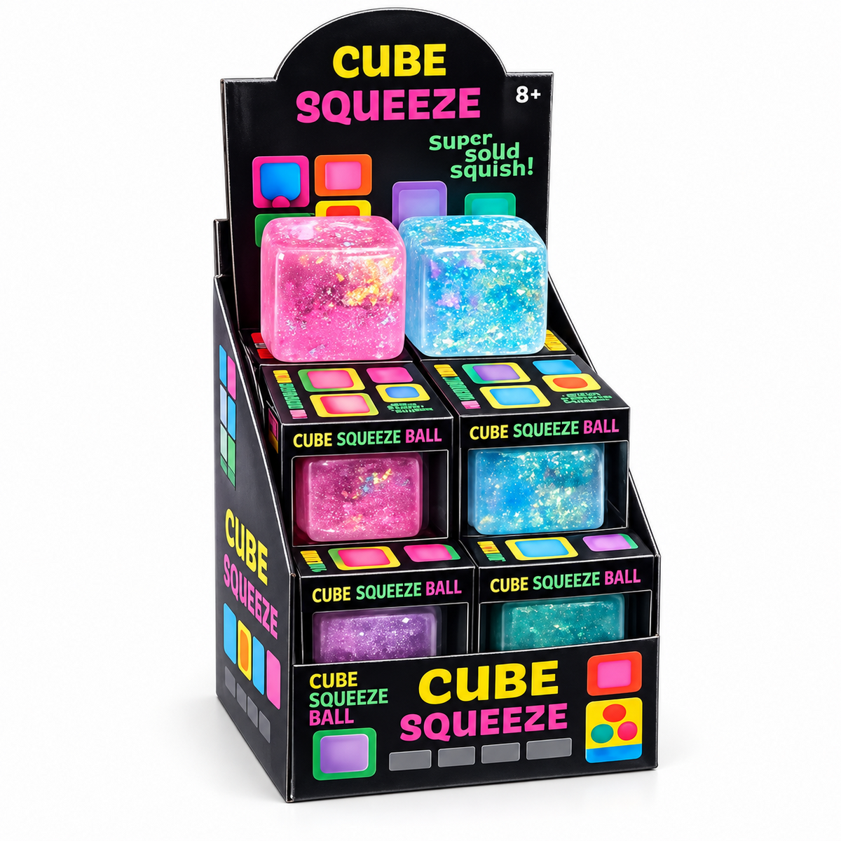 Glitter Squishy Cube display with four colors