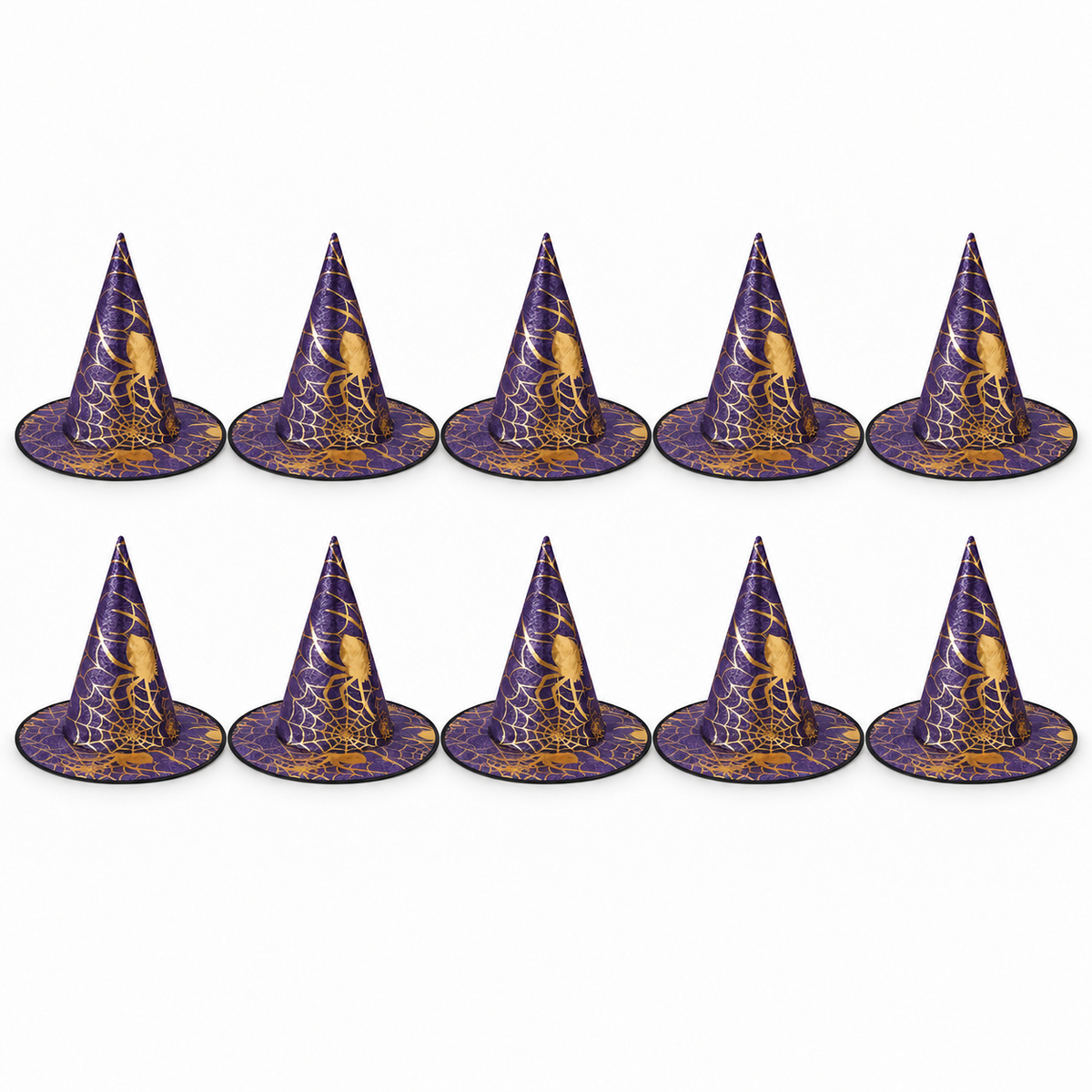 Purple Witch Hats with Gold Spiderwebs - Party Pack of 10