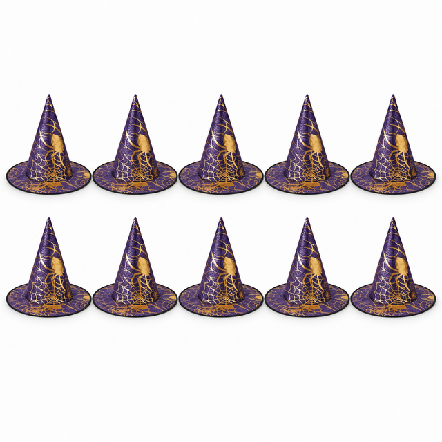 Purple Witch Hats with Gold Spiderwebs - Party Pack of 10