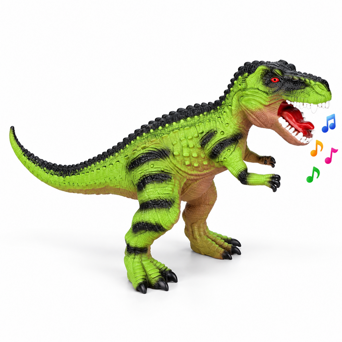 Green T-Rex dinosaur toy with black markings, a tan underside and an open mouth.