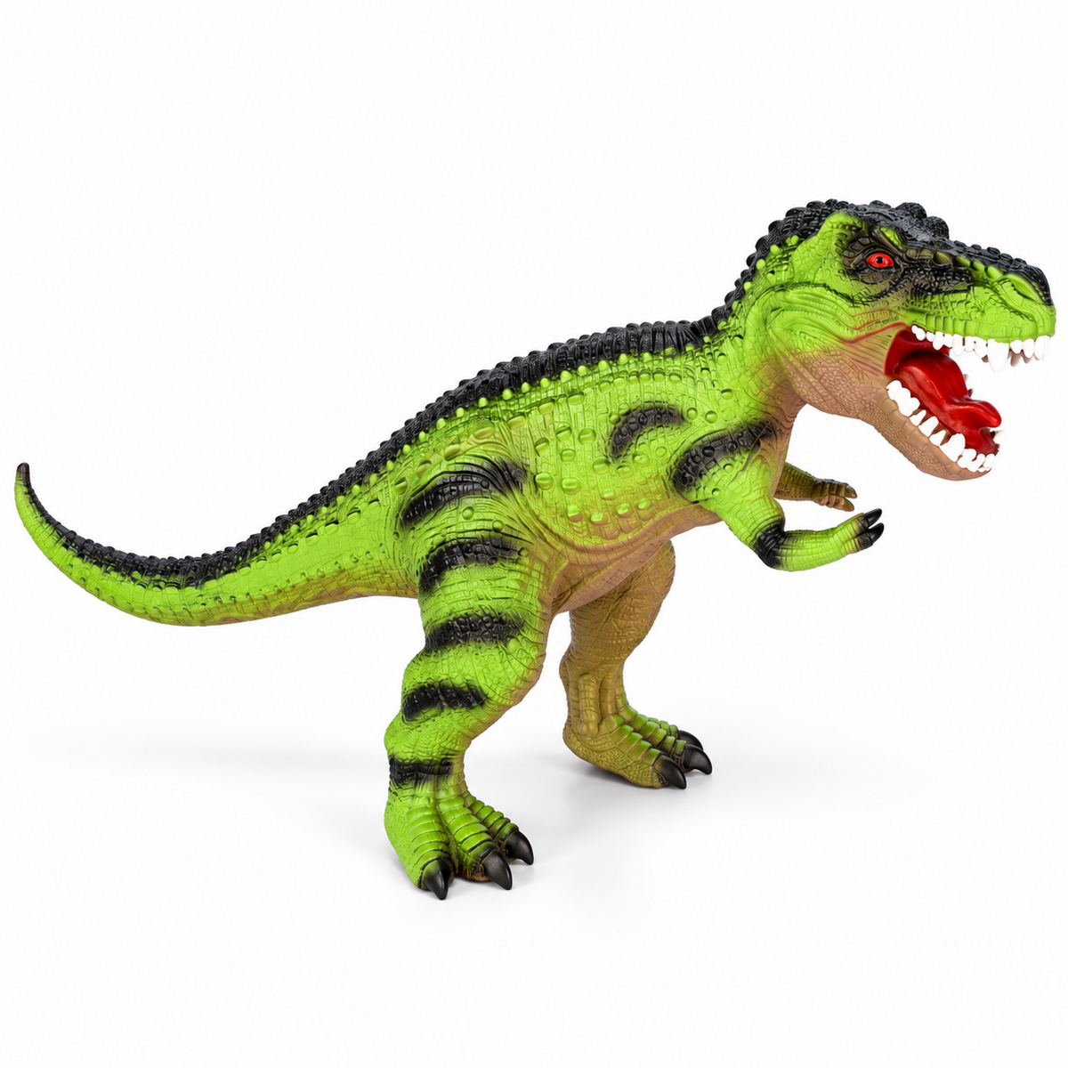 Green T-Rex dinosaur toy with black markings, a tan underside and an open mouth.