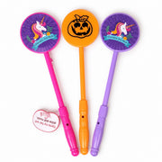 Pink and purple unicorn wands and orange Halloween pumpkin wand