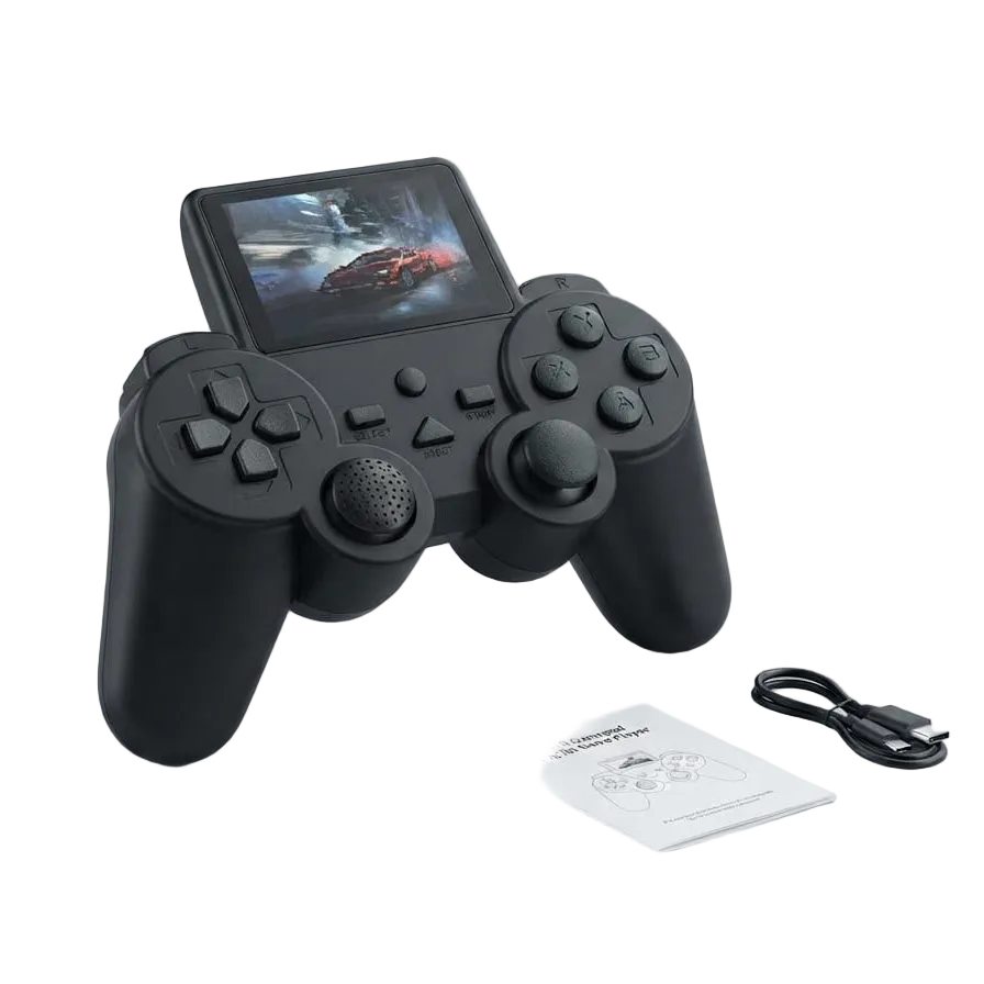 Black rechargeable handheld game console with screen, USB cable and user guide