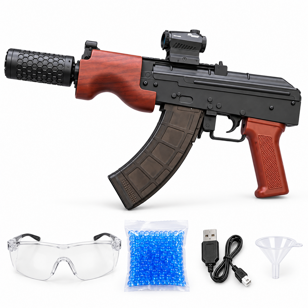 HD801A toy blaster with goggles, USB cable, beads and funnel