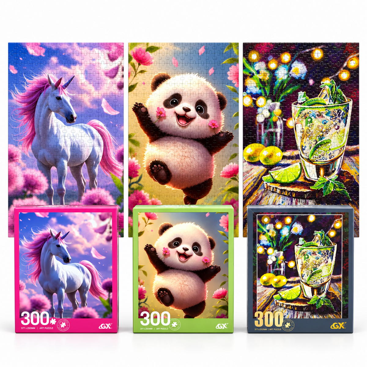 Unicorn, Panda and Lime bundle with three individually boxed 300-piece jigsaw puzzles