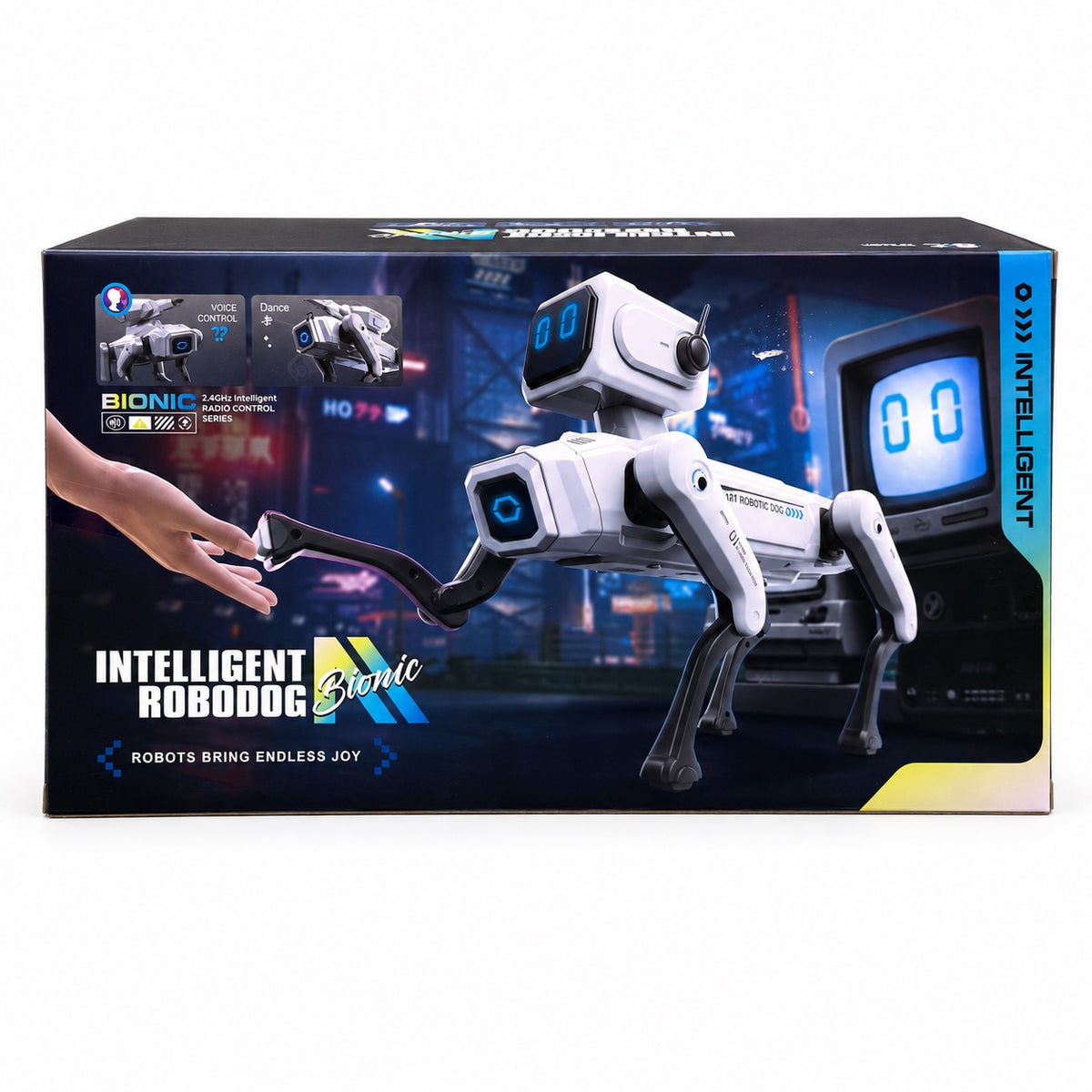 Intelligent Bionic Robodog toy packaging showing voice control and dance functions