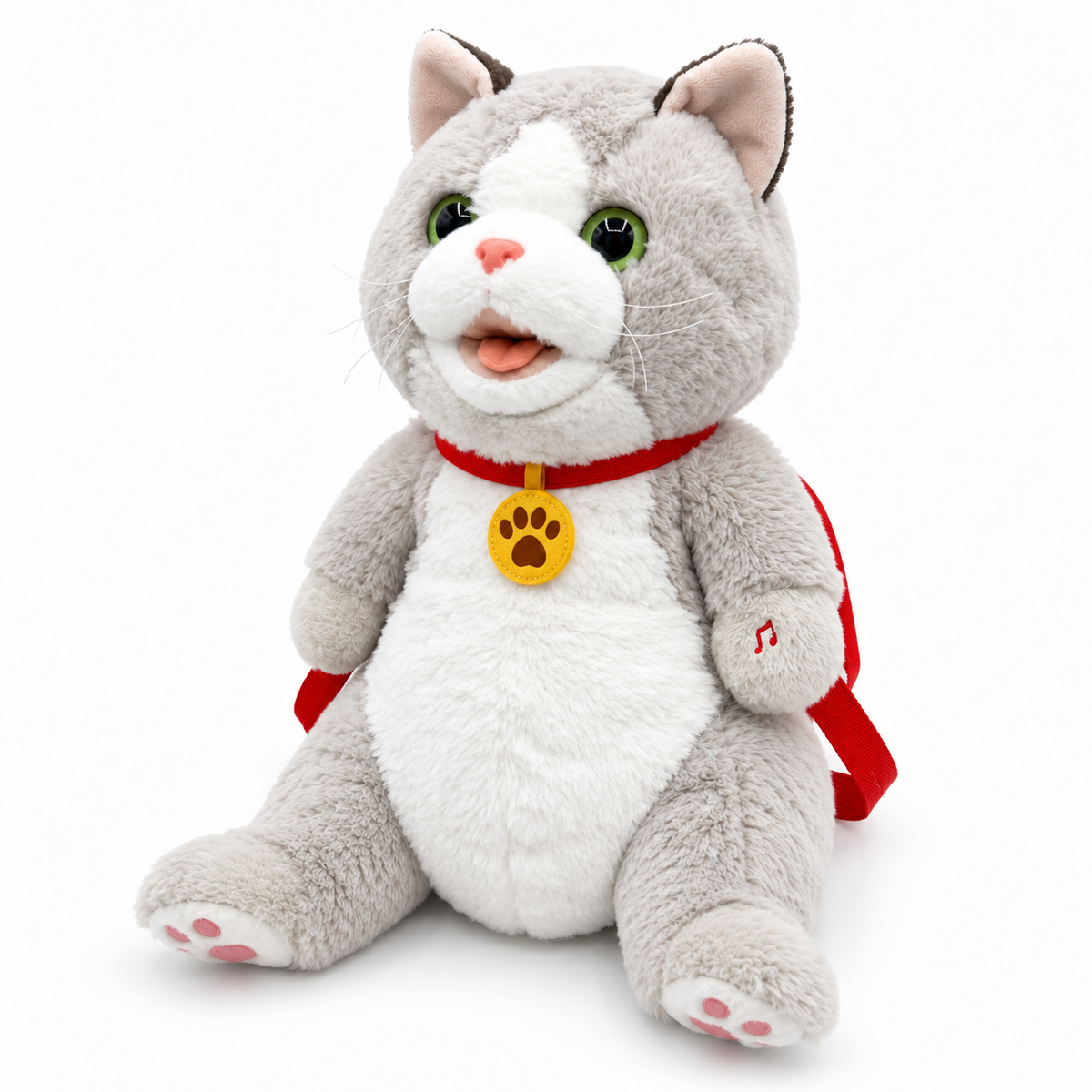 Interactive gray and white plush cat toy for kids - angled view