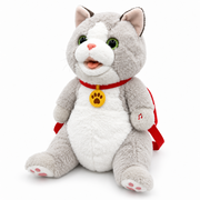 Interactive gray and white plush cat toy for kids - angled view